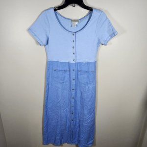 Coldwater Creek Dress Womens 8 Petite Blue Cotton Linen Midi Pockets Cottagecore